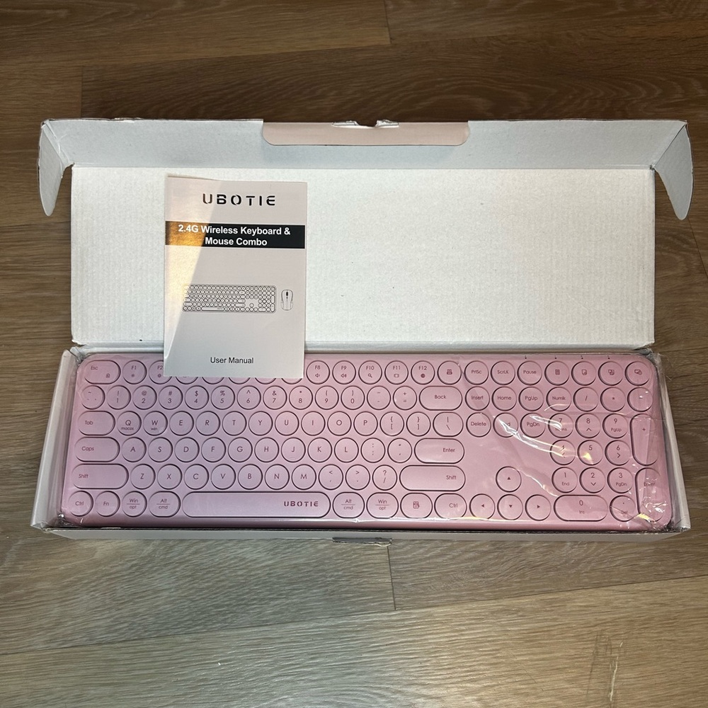 UBOTIE Pink Wireless Keyboard & Mouse Combo Round Key Retro Style